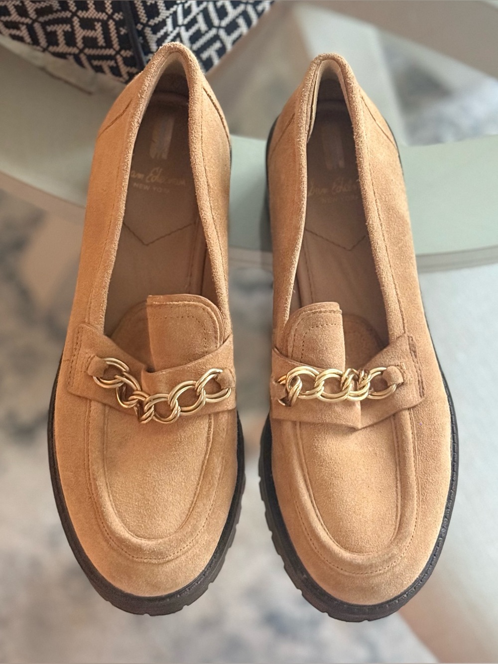 Sam Edelman Suede Loafers with Gold Chain Accent - Tan